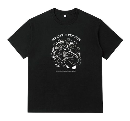 My Little Penguin 繡球花小企鵝系列 | Oversize 男女同款全棉短袖T恤（黑色）
