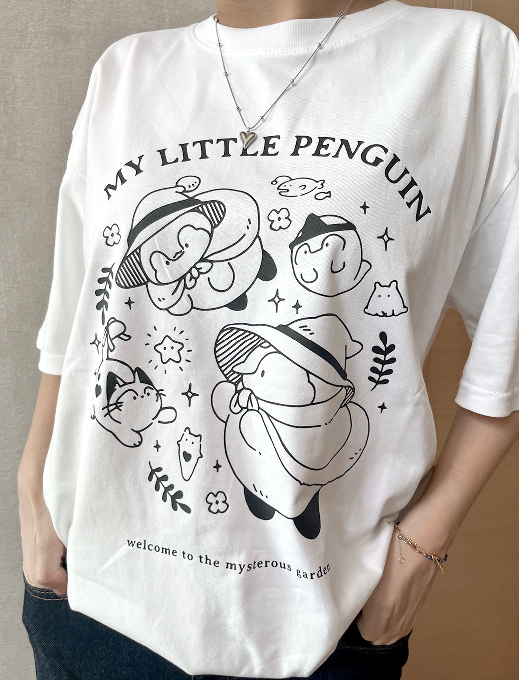My Little Penguin 繡球花小企鵝系列 | Oversize 男女同款全棉短袖T恤（白色）